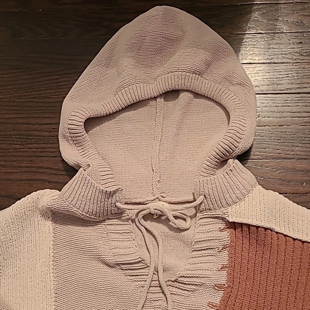 POL Color Block Multi-texture V-neck Knit Hooded Sweater Wmn L Oversized Slouchy - Picture 6 of 16